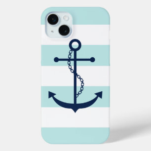 Coque iPhone 15 Mini Ancre bleue sur les rayures de menthe Thème nautiq