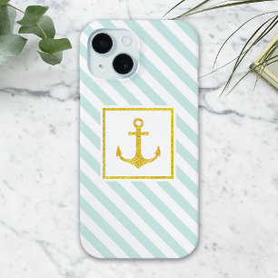 Coque Pour iPhone 15 Ancre de Parties scintillant Faux à rayures nautiq