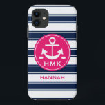 Case-Mate iPhone CASE ANCRE DÉCORÉE D'UN MONOGRAMME DE ROSE ET DE MARINE<br><div class="desc">CES ANCRE MIGNONNE, DE TRÈS BON GOÛT ET GIRLY ET CONCEPTION ORIENTÉE NAUTIQUE DE RAYURES DANS LA MARINE BLEU-FONCÉ, TONALITÉS FUCHSIA ET BLANCHES DE ROSES INDIEN PEUVENT ÊTRE PERSONNALISÉES AVEC VOTRE NOM ET ÊTRE CUSTOMISÉES AVEC VOTRE MONOGRAMME ET TROIS INITIALES DE LETTRE SOUS LES COEURS. STUDIOS DE CHRISSY H. DE...</div>