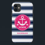 Case-Mate iPhone CASE ANCRE DÉCORÉE D'UN MONOGRAMME DE ROSE ET DE MARINE<br><div class="desc">CES ANCRE MIGNONNE, DE TRÈS BON GOÛT ET GIRLY ET CONCEPTION ORIENTÉE NAUTIQUE DE RAYURES DANS LA MARINE BLEU-FONCÉ, TONALITÉS FUCHSIA ET BLANCHES DE ROSES INDIEN PEUVENT ÊTRE PERSONNALISÉES AVEC VOTRE NOM ET ÊTRE CUSTOMISÉES AVEC VOTRE MONOGRAMME ET TROIS INITIALES DE LETTRE SOUS LES COEURS. STUDIOS DE CHRISSY H. DE...</div>