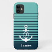 Coques Case-Mate iPhone Ancre marine Monogramme à rayures bleues (Dos)
