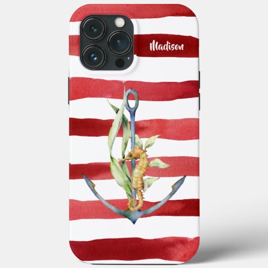 Coques Case-Mate iPhone Ancre nautique Hippocampe et rayures avec nom (Verso)