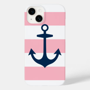 Coque Pour iPhone 14 Ancre rose et bleu marine et Motif des rayures