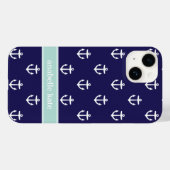 Coques Case-Mate iPhone Ancres bleu marine et menthe monogramme (Verso (horizontal))