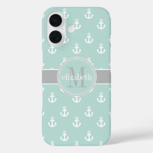 Coques iPhone 16 Ancres de navire Turquoise gris clair Monogramme