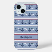 Coques Case-Mate iPhone Ancres nautiques bleues blanches personnalisées (Verso)
