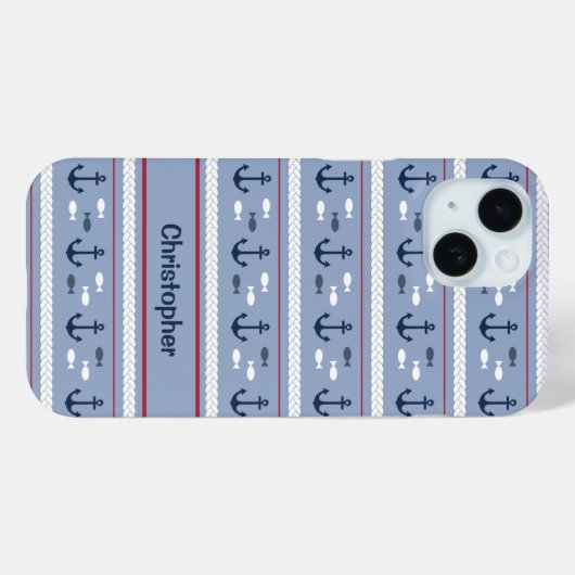 Coques Case-Mate iPhone Ancres nautiques bleues blanches personnalisées (Verso (horizontal))