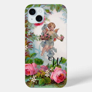 COQUE iPhone 15 MINI ANGE GARDANT DES ROSES ET DES FLEURS ROSES ROMANTI