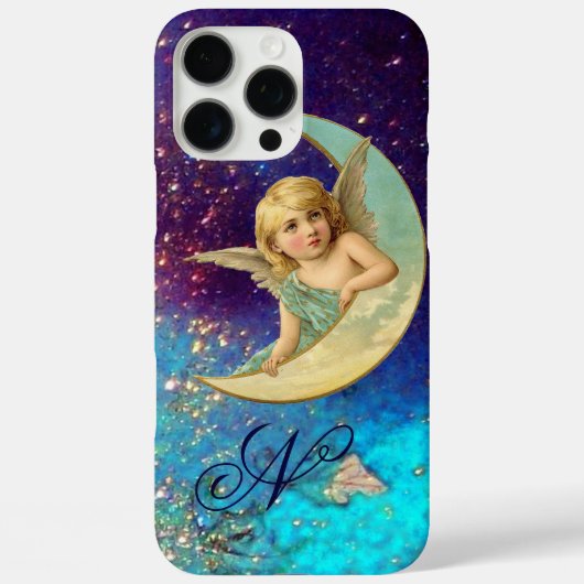Coques Case-Mate iPhone ANGE LUNE EN OR BLEU PARKLES Monogramme (Verso)