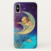 Coques Case-Mate iPhone ANGE LUNE EN OR BLEU PARKLES Monogramme (Dos)