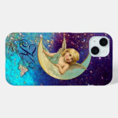 Coques Case-Mate iPhone ANGE LUNE EN OR BLEU PARKLES Monogramme (Verso (horizontal))