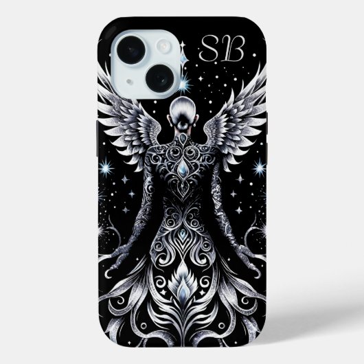 Coques Case-Mate iPhone Ange Monogramme De Tatouage Noir Et Argent (Verso)