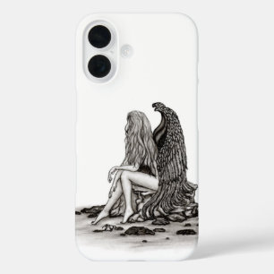 Coques iPhone 16 Angel, perdu dans la pensée, noir et blanc Design