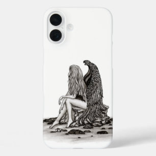 Coques iPhone 16 Plus Angel, perdu dans la pensée, noir et blanc Design