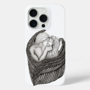 Coque iPhone 15 Pro Angels Kissing, noir et blanc Design