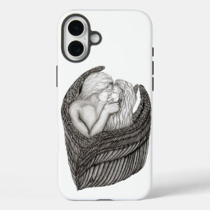 Coques iPhone 16 Plus Angels Kissing, noir et blanc Design