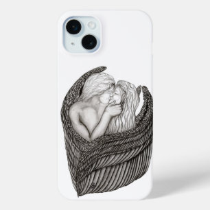 Coque iPhone 15 Mini Angels Kissing, noir et blanc Design