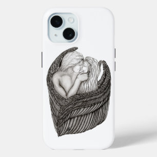 Coque Pour iPhone 15 Angels Kissing, noir et blanc Design