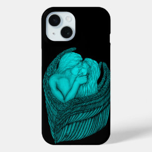Coque Pour iPhone 15 Angels Kissing, noir et vert Design