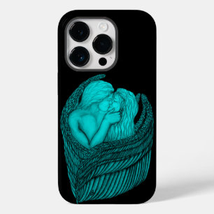 Coque Pour iPhone 14 Pro Angels Kissing, noir et vert Design
