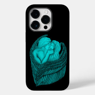 Coque Pour iPhone 14 Pro Angels Kissing, noir et vert Design