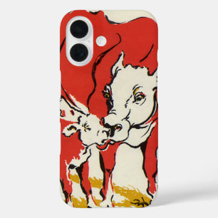 Coques iPhone 16 Animaux de ferme vintage, vache Holstein avec veau