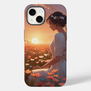 Coque Pour iPhone 14 Animée fille en blanc assise dans un champ de fleu