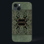 iPhone 13 Case Antique couverture de livre en cuir orné monogramm<br><div class="desc">Art richement orné de couverture florale de l'édition 1898 des Roses et Lilies de Longfellow dans les tons patiné vert olive profond et noir. Note : Les effets sculptés,  gravés,  gaufrés et dimensionnels,  l'apparence stratifiée,  texturée et ombragée numériquement. Le produit réel a une surface plane.</div>