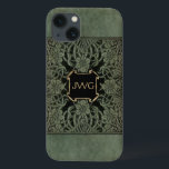 iPhone 13 Case Antique couverture de livre en cuir orné monogramm<br><div class="desc">Art richement orné de couverture florale de l'édition 1898 des Roses et Lilies de Longfellow dans les tons patiné vert olive profond et noir. Note : Les effets sculptés,  gravés,  gaufrés et dimensionnels,  l'apparence stratifiée,  texturée et ombragée numériquement. Le produit réel a une surface plane.</div>