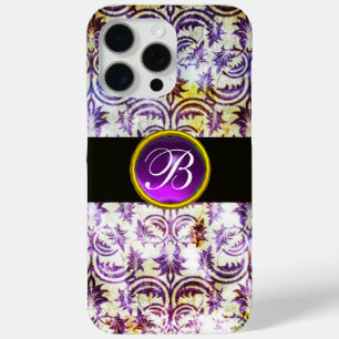 Coque iPhone 15 Pro Max ANTIQUE DAMASK Violet Améthyste Monogramme noir