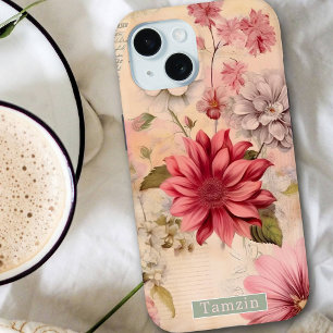 Coque Pour iPhone 15 Antique Floral Nom personnalisé Scrapbook Collage 