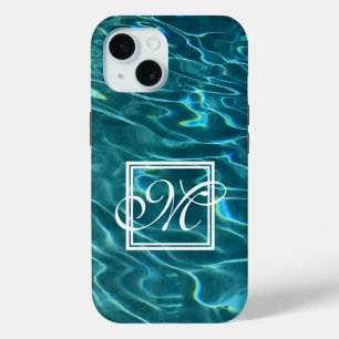 Coque Pour iPhone 15 Aqua bleu Motif d'eau ondes océaniques monogramme
