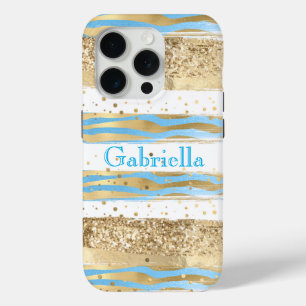 Coque iPhone 15 Pro Aqua Blue Gold Parties scintillant Confetti Zebra 