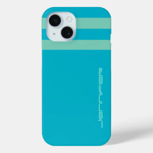 Coque Pour iPhone 15 Aqua Blue/Green Stripe/Solide Nom Personnalisé Tou