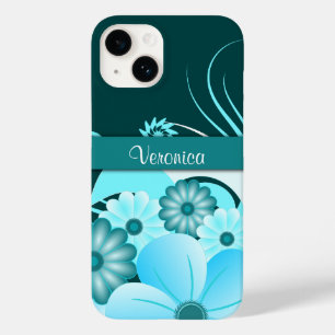 Coque Pour iPhone 14 Aqua Blue moderne Hibiscus été Turquoise Floral