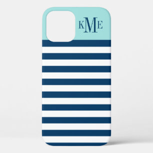 Coques Pour iPhone Aqua Blue Navy Stripes Personnalisées Monogramme