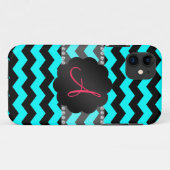 Coques Case-Mate iPhone Aqua clair monogramme et chevrons noirs (Dos (Horizontal))