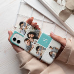 Coque Pour iPhone 14 Aqua Colorblock Photo Collage & Monogramme<br><div class="desc">Le boîtier de téléphone de collage photo chic présente cinq de vos photos préférées dans un plan quadrillé avec des carrés d'aqua turquoise contrastés. Personnalisez avec votre monogramme initial unique en lettres blanches classiques.</div>