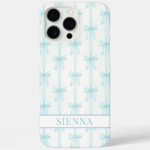 Coques iPhone 16 Pro Max Aqua Coquette Nœuds Rayé Monogrammé
