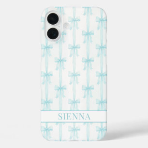 Coques iPhone 16 Plus Aqua Coquette Nœuds Rayé Monogrammé