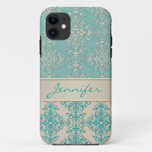 Etui iPhone Case-Mate Aqua et blanc cassé motif damassé fantaisie