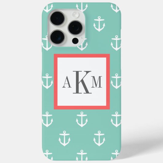 Coques Case-Mate iPhone Aqua et Coral Ancre nautique Monogramme personnali (Verso)