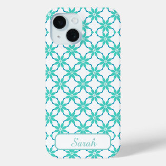 Coque Pour iPhone 15 Aqua et sarcelle Géométrique Floral Nom personnali