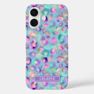 Coques iPhone 16 Aqua Iridescent Imprimé Léopard Monogrammé