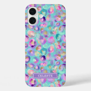 Coques iPhone 16 Plus Aqua Iridescent Imprimé Léopard Monogrammé
