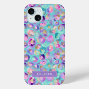 Coque iPhone 15 Mini Aqua Iridescent Imprimé Léopard Monogrammé