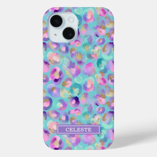 Coques Case-Mate iPhone Aqua Iridescent Leopard Print Monogrammed (Verso)