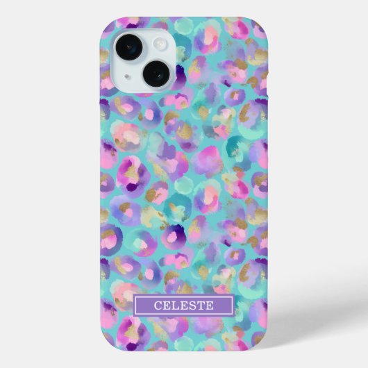 Coques Case-Mate iPhone Aqua Iridescent Leopard Print Monogrammed (Verso)