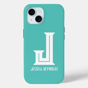 Coque Pour iPhone 15 Aqua monogramme minimal
