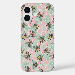Coques iPhone 16 aqua rose fleuri de ruche miel
